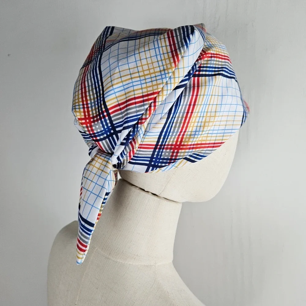 Vintage Scarf Hat Scrub‎ Tie Back White Plaid Chemo Retro Cathy Thousand Oaks Ca - Picture 4 of 8